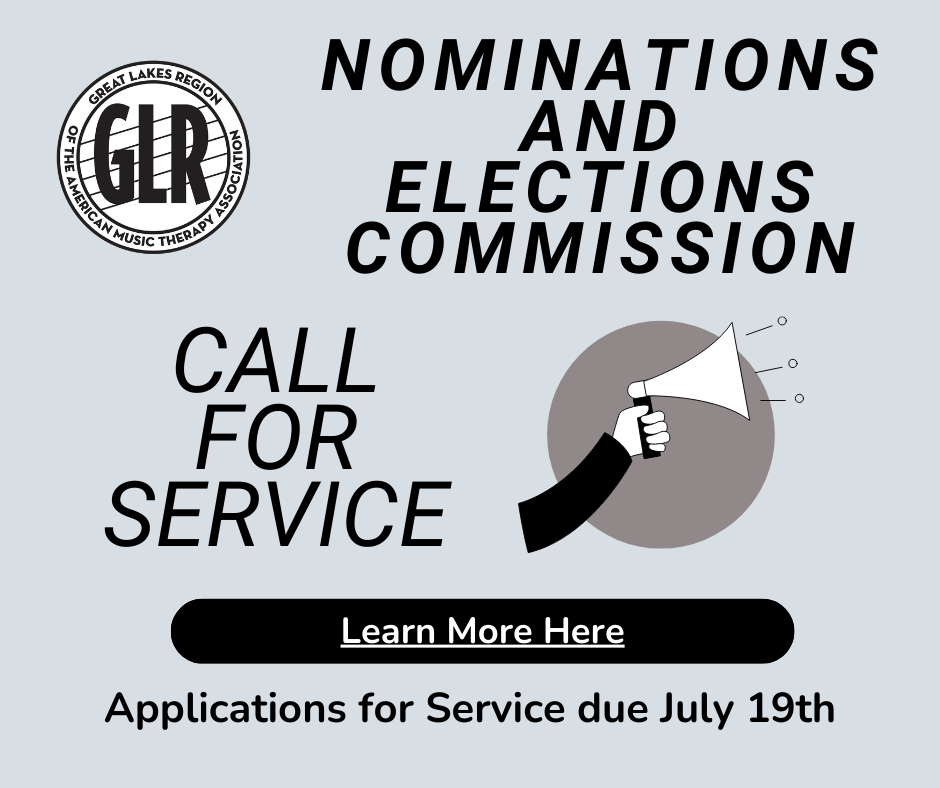 Light blue square with black and white GLR Logo and an image of megaphone. Text includes Nominations and Elections Commission Call for Service and Applications for Service Due July 19th.