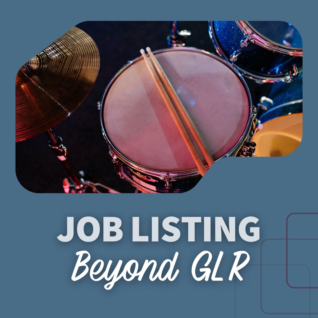 a snare drum with 2 drumsticks on it on a blue background that reads: Job Listing Beyond GLR