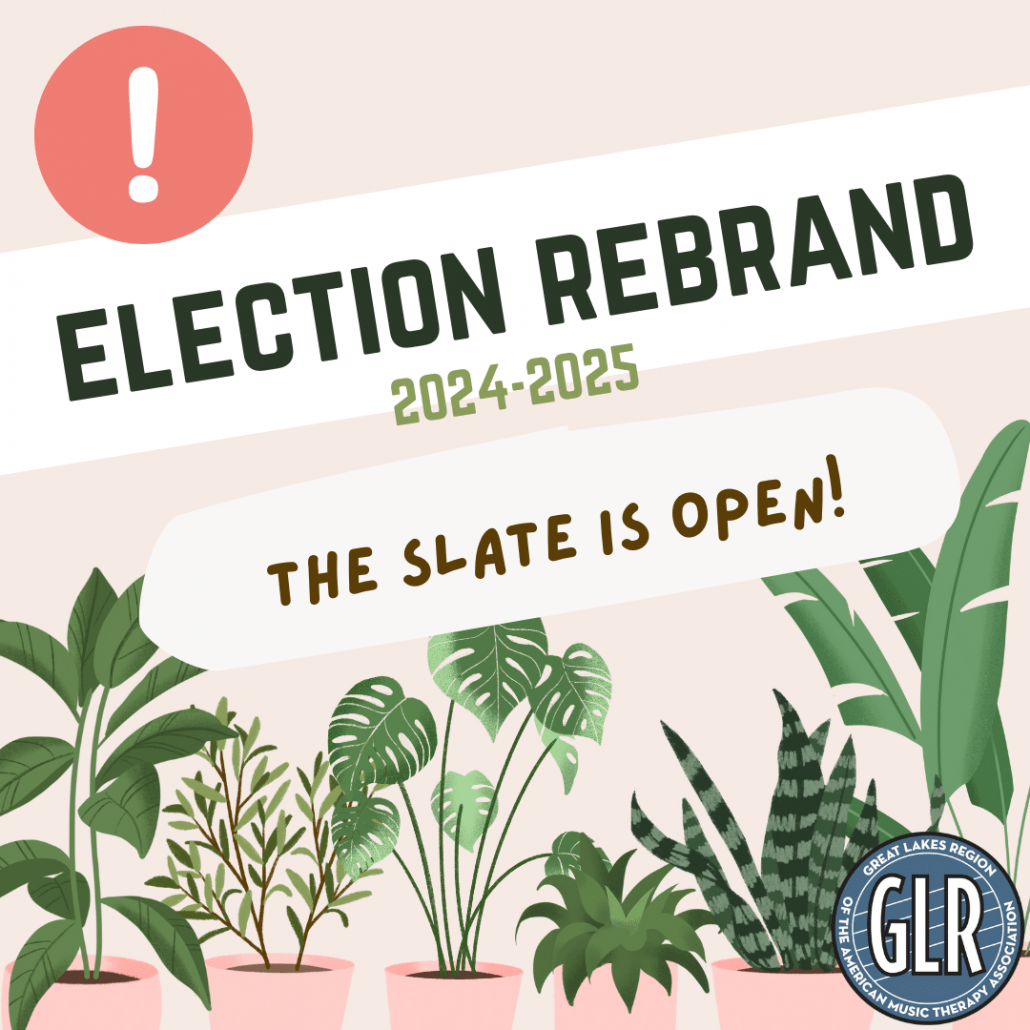 Cream color background. There is a red circle with a white exclamation point in the top left corner, the words: "Election Rebrand 2024-2025, the slate is open!" in the center. The bottom is lined with various potted plants in light pink pots