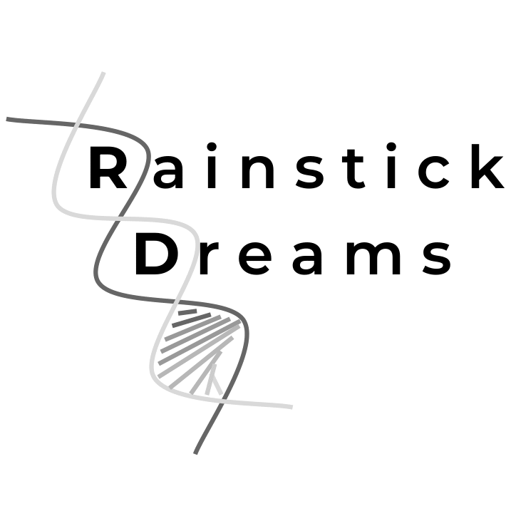 Logo for Rainstick Dreams. A grey double helix at an angle from top to bottom with the text "Rainstick Dreams" in dark grey font